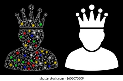 Glossy mesh king icon with lightspot effect. Abstract illuminated model of king. Shiny wire carcass polygonal mesh king icon. Vector abstraction on a black background.
