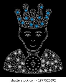 Glossy mesh king with lightspot effect. Abstract illuminated model of king icon. Shiny wire carcass triangular mesh king. Vector abstraction on a black background.