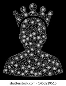 Glossy mesh king with sparkle effect. Abstract illuminated model of king icon. Shiny wire carcass triangular network king. Vector abstraction on a black background.