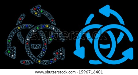Glossy mesh knot rotation icon with lightspot effect. Abstract illuminated model of knot rotation. Shiny wire frame triangular mesh knot rotation icon. Vector abstraction on a black background.