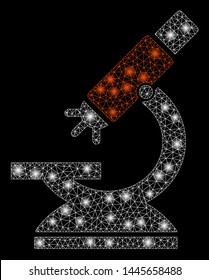 Glossy mesh labs microscope with glitter effect. Abstract illuminated model of labs microscope icon. Shiny wire frame triangular mesh labs microscope. Vector abstraction on a black background.
