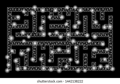 Glossy mesh labyrinth with glitter effect. Abstract illuminated model of labyrinth icon. Shiny wire carcass triangular mesh labyrinth. Vector abstraction on a black background.