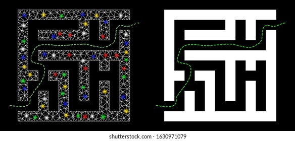 Glossy mesh labyrinth route icon with glitter effect. Abstract illuminated model of labyrinth route. Shiny wire frame polygonal network labyrinth route icon. Vector abstraction on a black background.