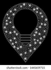Glossy mesh lamp bulb marker with glare effect. Abstract illuminated model of lamp bulb marker icon. Shiny wire carcass polygonal network lamp bulb marker. Vector abstraction on a black background.