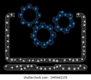 Glossy mesh laptop and gears with glare effect. Abstract illuminated model of laptop and gears icon. Shiny wire carcass polygonal mesh laptop and gears. Vector abstraction on a black background.