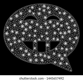 Glossy mesh laugth smiley message with glare effect. Abstract illuminated model of laugth smiley message icon. Shiny wire carcass triangular mesh laugth smiley message.