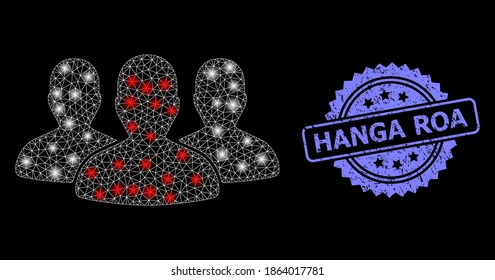 Glossy mesh leader men group with light spots, and Hanga Roa corroded ribbon stamp seal. Blue stamp has Hanga Roa caption inside rosette. Illuminated vector model based on leader men group icon.