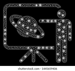 Glossy mesh lecture with glitter effect. Abstract illuminated model of lecture icon. Shiny wire carcass polygonal mesh lecture. Vector abstraction on a black background.