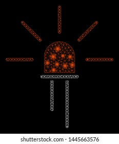 Glossy mesh led element with glow effect. Abstract illuminated model of led element icon. Shiny wire frame triangular mesh led element. Vector abstraction on a black background.