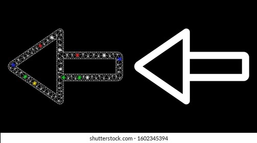 Glossy mesh left arrow icon with glitter effect. Abstract illuminated model of left arrow. Shiny wire frame triangular mesh left arrow icon. Vector abstraction on a black background.