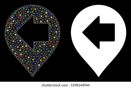 Glossy mesh left arrow marker icon with lightspot effect. Abstract illuminated model of left arrow marker. Shiny wire carcass triangular mesh left arrow marker icon.