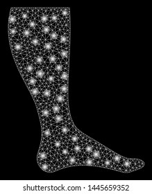 Glossy mesh leg with glitter effect. Abstract illuminated model of leg icon. Shiny wire carcass triangular mesh leg. Vector abstraction on a black background.