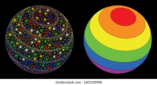 Glossy mesh LGBT color stripes sphere icon with glitter effect. Abstract illuminated model of LGBT color stripes sphere. Shiny wire frame polygonal mesh LGBT color stripes sphere icon.