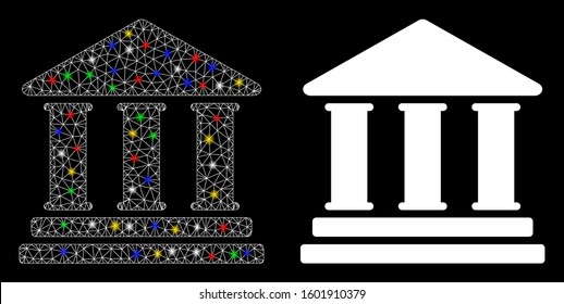 Glossy mesh library building icon with sparkle effect. Abstract illuminated model of library building. Shiny wire carcass polygonal mesh library building icon.