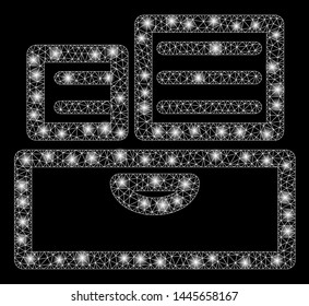 Glossy mesh library catalog with lightspot effect. Abstract illuminated model of library catalog icon. Shiny wire frame triangular mesh library catalog. Vector abstraction on a black background.