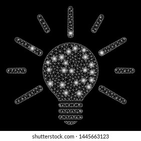 Glossy mesh light bulb with lightspot effect. Abstract illuminated model of light bulb icon. Shiny wire frame triangular mesh light bulb. Vector abstraction on a black background.