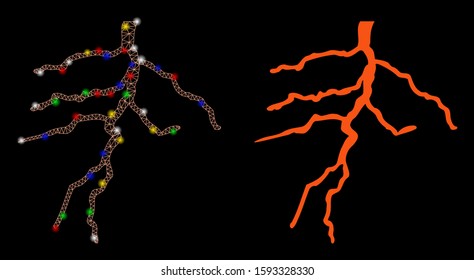 Glossy mesh lightning icon with glow effect. Abstract illuminated model of lightning. Shiny wire carcass triangular mesh lightning icon. Vector abstraction on a black background.