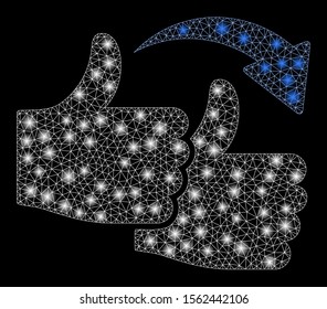 Glossy mesh like for like with glare effect. Abstract illuminated model of like for like icon. Shiny wire frame triangular mesh social proof image. Vector abstraction on a black background.