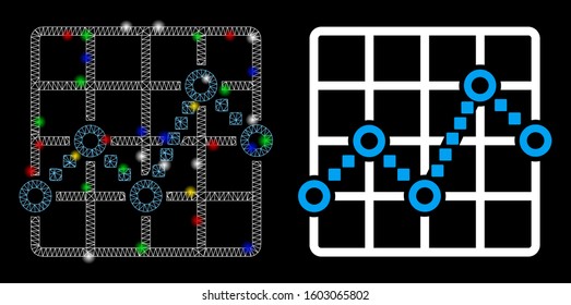 Glossy mesh line plot icon with lightspot effect. Abstract illuminated model of line plot. Shiny wire carcass polygonal network line plot icon. Vector abstraction on a black background.
