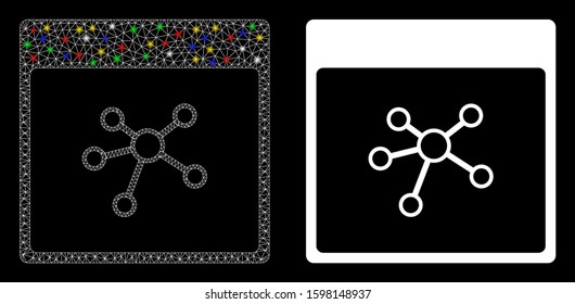 Glossy mesh links calendar page icon with sparkle effect. Abstract illuminated model of links calendar page. Shiny wire frame triangular mesh links calendar page icon.