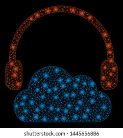 Glossy mesh listen cloud with glow effect. Abstract illuminated model of listen cloud icon. Shiny wire carcass triangular mesh listen cloud. Vector abstraction on a black background.