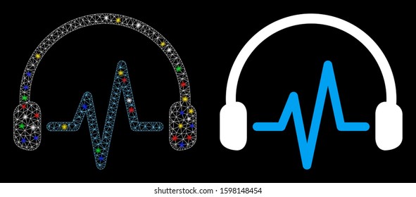 Glossy mesh listen icon with glow effect. Abstract illuminated model of listen. Shiny wire frame triangular mesh listen icon. Vector abstraction on a black background.