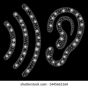 Glossy mesh listen with sparkle effect. Abstract illuminated model of listen icon. Shiny wire frame triangular mesh listen. Vector abstraction on a black background.