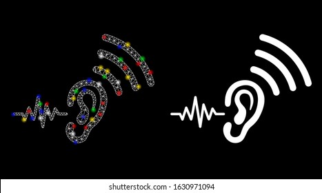 Glossy mesh listen and transmit icon with sparkle effect. Abstract illuminated model of listen and transmit. Shiny wire frame polygonal network listen and transmit icon.