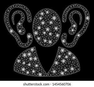 Glossy mesh listener with glow effect. Abstract illuminated model of listener icon. Shiny wire carcass triangular mesh listener. Vector abstraction on a black background.