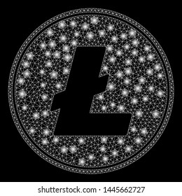 Glossy mesh Litecoin coin with glare effect. Abstract illuminated model of Litecoin coin icon. Shiny wire frame triangular network Litecoin coin. Vector abstraction on a black background.