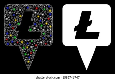 Glossy mesh Litecoin map pointer icon with glitter effect. Abstract illuminated model of Litecoin map pointer. Shiny wire frame polygonal mesh Litecoin map pointer icon.