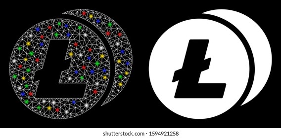Glossy mesh Litecoins icon with sparkle effect. Abstract illuminated model of Litecoins. Shiny wire frame triangular mesh Litecoins icon. Vector abstraction on a black background.