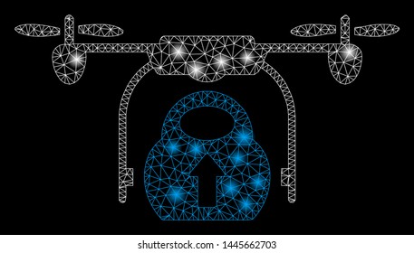 Glossy mesh load cargo drone with lightspot effect. Abstract illuminated model of load cargo drone icon. Shiny wire frame polygonal mesh load cargo drone. Vector abstraction on a black background.