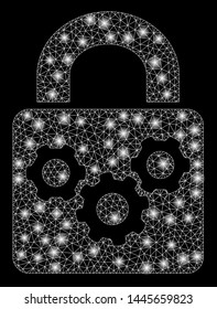 Glossy mesh lock gears with glare effect. Abstract illuminated model of lock gears icon. Shiny wire frame polygonal mesh lock gears. Vector abstraction on a black background.