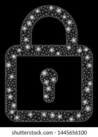 Glossy mesh lock with glare effect. Abstract illuminated model of lock icon. Shiny wire carcass polygonal mesh lock. Vector abstraction on a black background. Abstract 2d mesh designed with triangles,