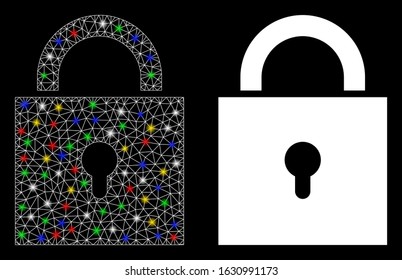 Glossy mesh lock icon with glitter effect. Abstract illuminated model of lock. Shiny wire frame triangular mesh lock icon. Vector abstraction on a black background.