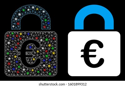 Glossy mesh lock icon with lightspot effect. Abstract illuminated model of lock. Shiny wire carcass polygonal mesh lock icon. Vector abstraction on a black background.