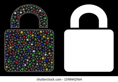 Glossy mesh lock icon with sparkle effect. Abstract illuminated model of lock. Shiny wire carcass polygonal mesh lock icon. Vector abstraction on a black background.