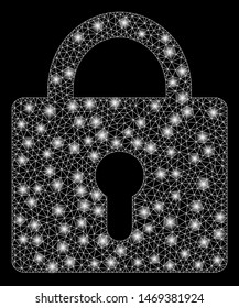 Glossy mesh lock with lightspot effect. Abstract illuminated model of lock icon. Shiny wire carcass polygonal mesh lock. Vector abstraction on a black background.