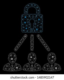 Glossy mesh lock managers with sparkle effect. Abstract illuminated model of lock managers icon. Shiny wire carcass polygonal mesh lock managers. Vector abstraction on a black background.