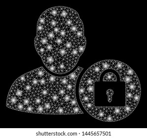 Glossy mesh locked user with lightspot effect. Abstract illuminated model of locked user icon. Shiny wire carcass polygonal network locked user. Vector abstraction on a black background.
