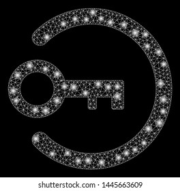 Glossy mesh login key with glitter effect. Abstract illuminated model of login key icon. Shiny wire carcass triangular mesh login key. Vector abstraction on a black background.