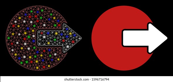 Glossy mesh logout icon with sparkle effect. Abstract illuminated model of logout. Shiny wire carcass triangular mesh logout icon. Vector abstraction on a black background.