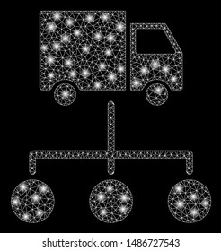 Glossy mesh lorry distribution scheme with lightspot effect. Abstract illuminated model of lorry distribution scheme icon. Shiny wire carcass polygonal mesh lorry distribution scheme.