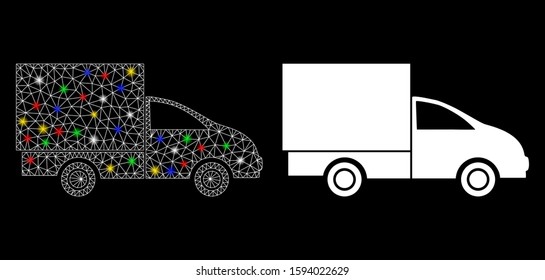 Glossy mesh lorry icon with sparkle effect. Abstract illuminated model of lorry. Shiny wire carcass triangular mesh lorry icon. Vector abstraction on a black background.