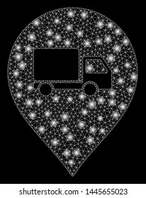 Glossy mesh lorry marker with glare effect. Abstract illuminated model of lorry marker icon. Shiny wire frame polygonal mesh lorry marker. Vector abstraction on a black background.