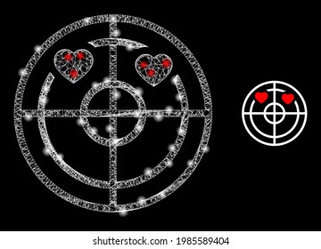 Glossy mesh love hearts radar with lightspots. Wire frame flat mesh generated with intersected white lines and love hearts radar icon.