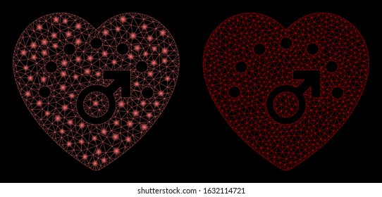 Glossy mesh love meter with lightspot effect. Abstract illuminated model of love meter icon. Shiny wire frame triangular mesh love meter icon. Vector abstraction on a black background.