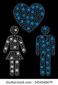 Glossy mesh love persons with glow effect. Abstract illuminated model of love persons icon. Shiny wire carcass triangular mesh love persons. Vector abstraction on a black background.