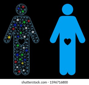 Glossy mesh lover guy icon with lightspot effect. Abstract illuminated model of lover guy. Shiny wire frame polygonal mesh lover guy icon. Vector abstraction on a black background.